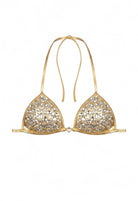 SlaySwimwear Honey Gold bikini top with shimmering metallic fabric and radiant rhinestone details. Halter neck with adjustable ties.
