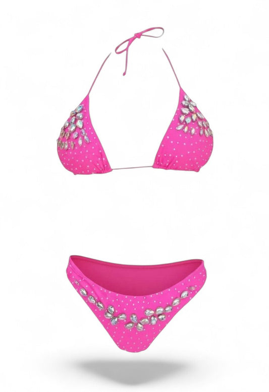 SlaySwimwear hot pink triangle bikini set with rhinestone embellishments and adjustable ties. Features a scrunch back bottom.