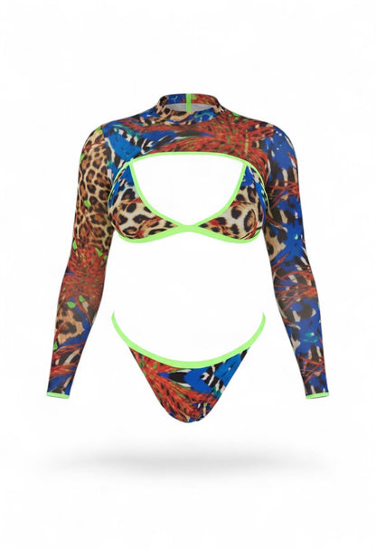 SlaySwimwear Lion Queen three-piece swimsuit set with leopard and abstract print, featuring a triangle bikini top, micro bottoms, and long sleeve sheer top with neon green trim.