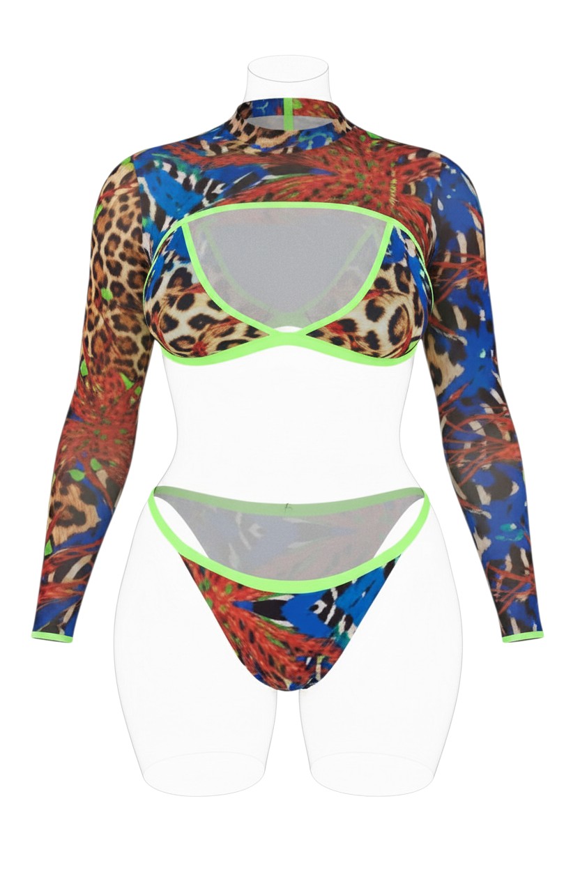 SlaySwimwear Lion Queen three-piece swimsuit set with leopard print, micro bikini bottoms, and long sleeve sheer top. Neon green trim.