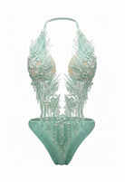 SlaySwimwear mint green jeweled one-piece swimsuit with adjustable neck strap and pearl embellishments.