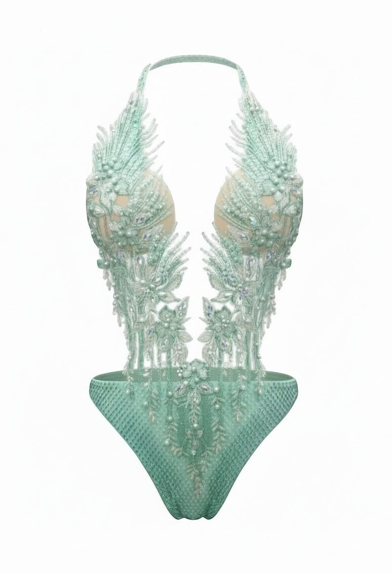 SlaySwimwear mint green jeweled one-piece swimsuit with adjustable neck strap and pearl embellishments.