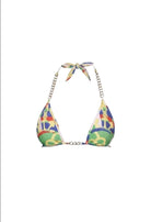 SlaySwimwear Aye Aye Captain three-piece bikini with gold chain accents and a nautical print. Includes halter top, high-leg bottom, and matching headscarf.