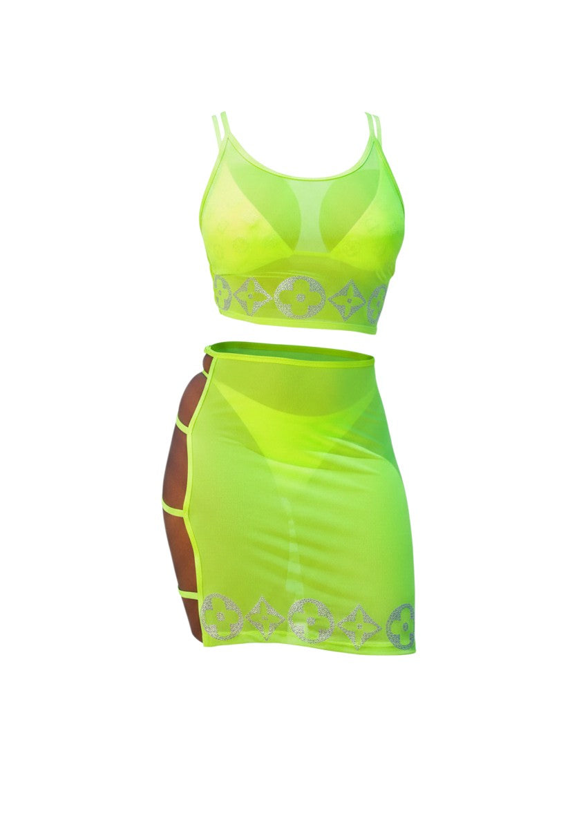SlaySwimwear neon green sheer mesh cover-up top with crystal detailing and matching skirt. Perfect for beach or festival.