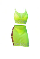 SlaySwimwear neon green sheer polyester cover-up skirt with crystal detailing and side cutouts.