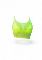 SlaySwimwear neon green sheer polyester crop top with crystal detailing and floral pattern band.