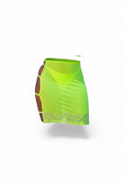 SlaySwimwear neon green sheer polyester cover-up skirt with crystal detailing and side cutouts.