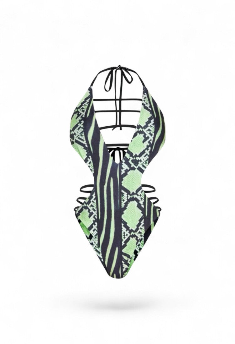 SlaySwimwear neon green snake print and zebra stripe one piece swimsuit with plunging neckline and high-cut legs.