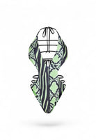 SlaySwimwear neon green snake print and zebra stripe one piece swimsuit with plunging neckline and high-cut legs.