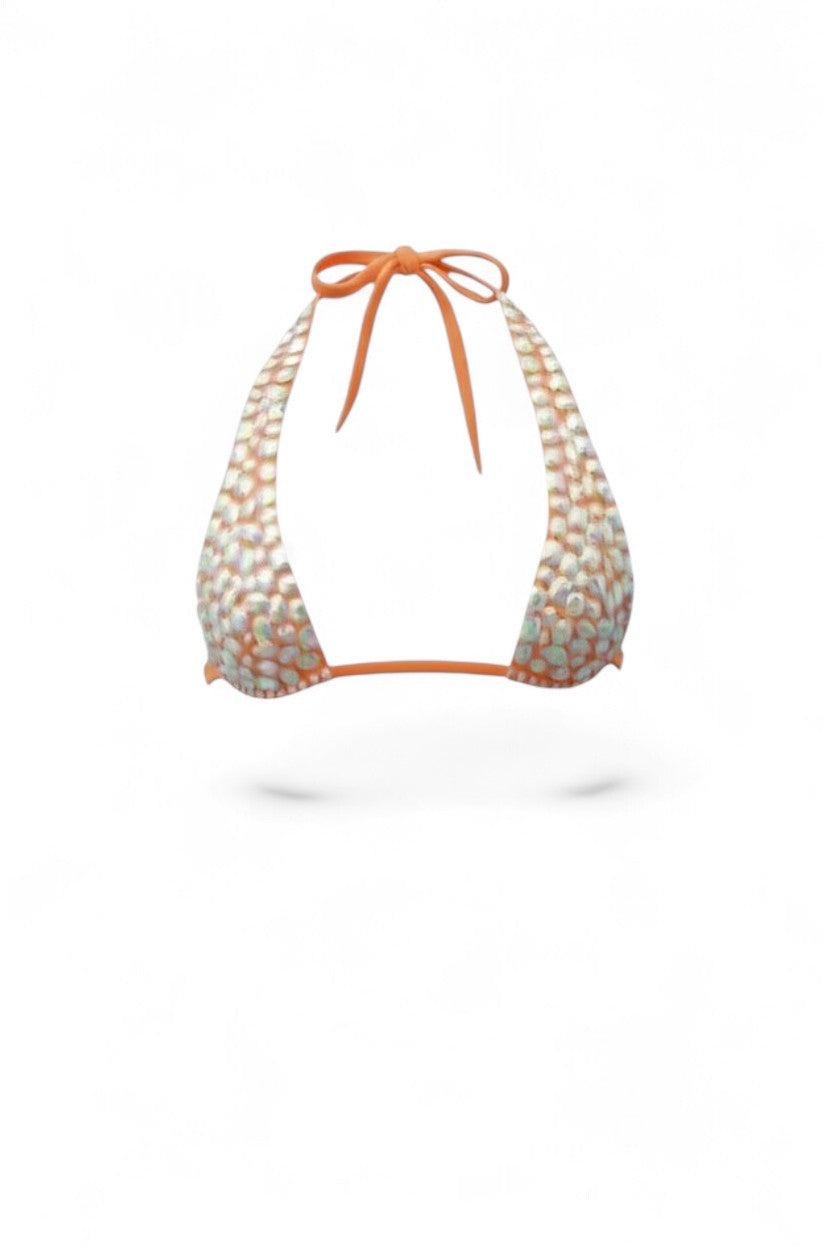 SlaySwimwear orange sparkling rhinestone bikini set with halter top and cheeky bottoms featuring cut-out details.