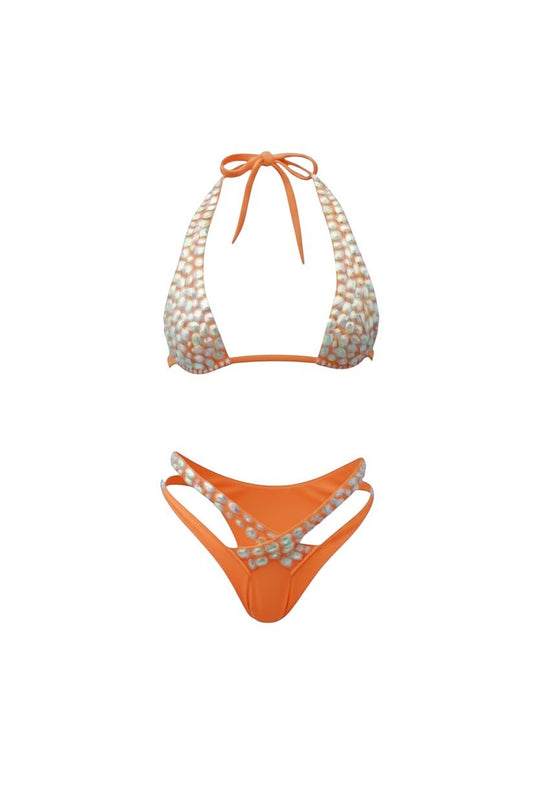 SlaySwimwear orange sparkling rhinestone bikini set with halter top and cheeky bottoms featuring cut-out details.
