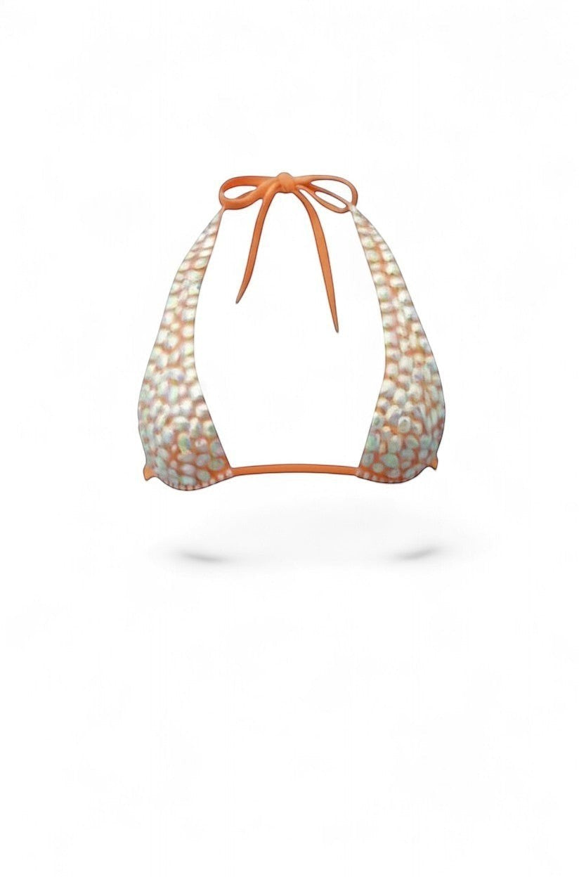 SlaySwimwear orange halter bikini top with iridescent scale pattern and tie closure.