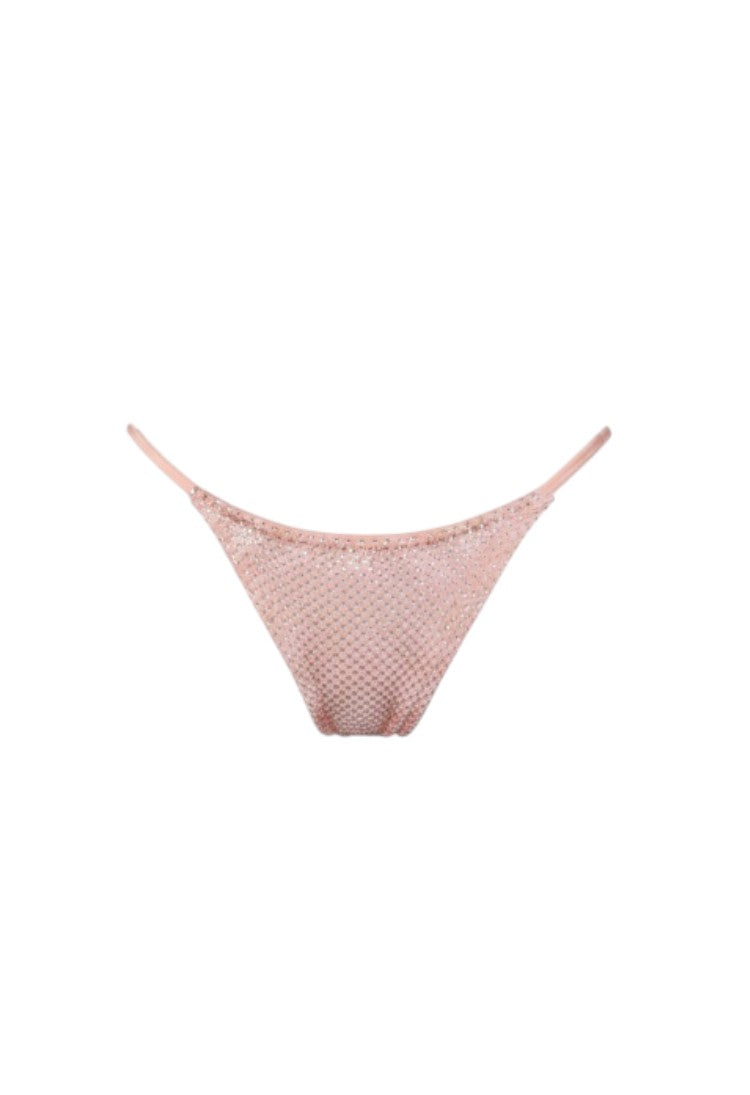 SlaySwimwear Bling Queen bikini set in peach with gold-tone chain fringe detail on halter top and thong bottoms. Made of stretch nylon/spandex.
