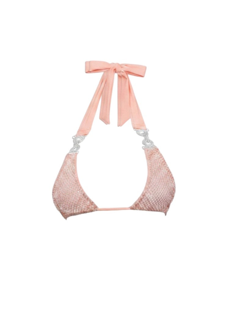 SlaySwimwear Bling Queen bikini top in peach with gold-tone chain fringe and halter ties. Stretch swim fabric.
