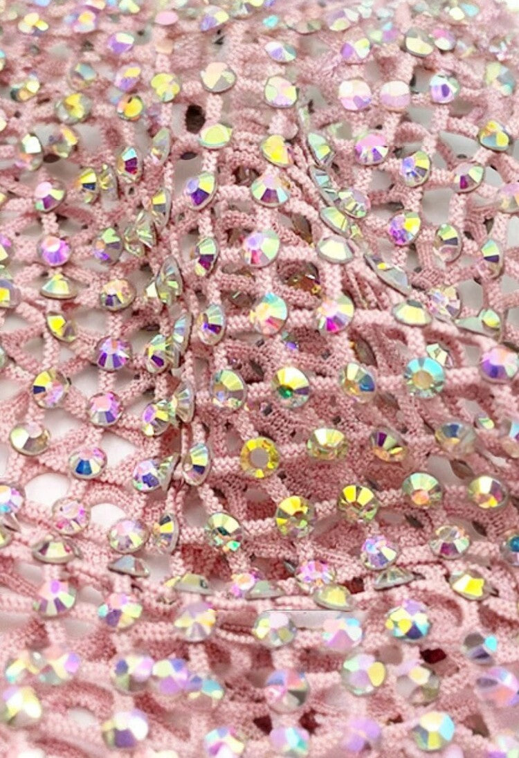 SlaySwimwear pink crochet durag adorned with sparkling iridescent crystals, offering a glamorous and waterproof finish.