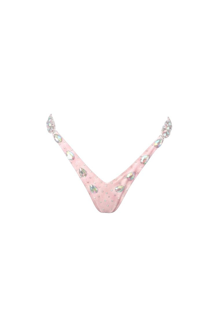 Slay Swimwear Barbie-pink bikini bottom with rhinestones and a low-rise fit. Made from nylon and spandex.