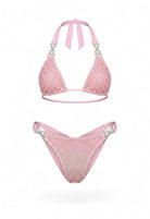 SlaySwimwear pink rhinestone mesh bikini bottoms with cheeky cut and crystal side connectors.