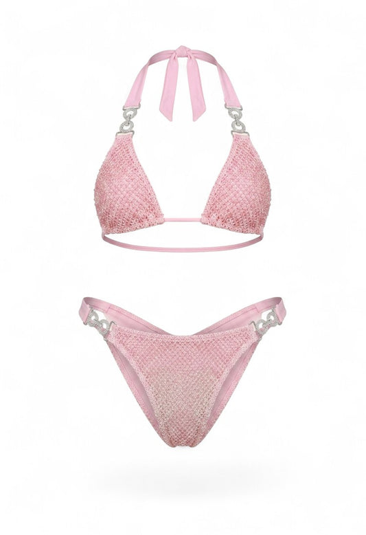 SlaySwimwear pink rhinestone mesh bikini bottoms with cheeky cut and crystal side connectors.