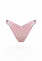 SlaySwimwear pink rhinestone mesh bikini bottoms with cheeky cut and crystal hardware side connectors.
