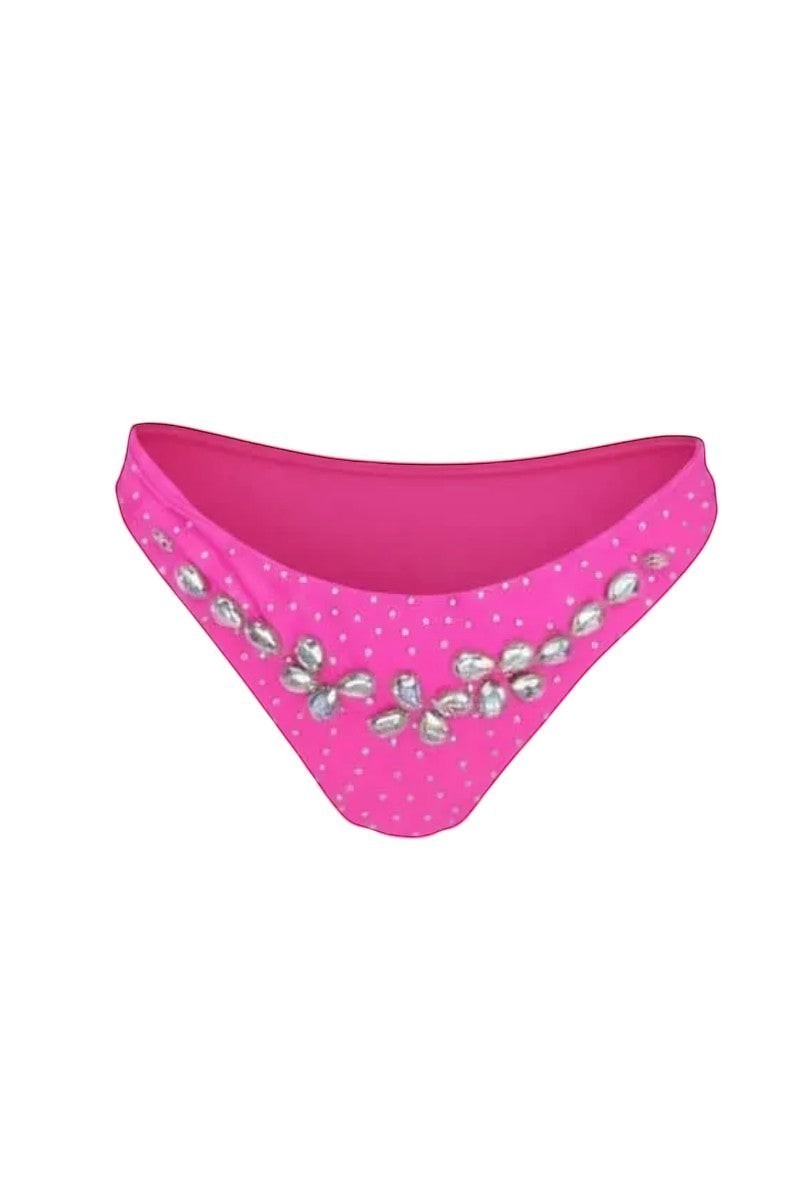 SlaySwimwear hot pink bikini bottoms with white polka dots and rhinestone embellishments on the front.