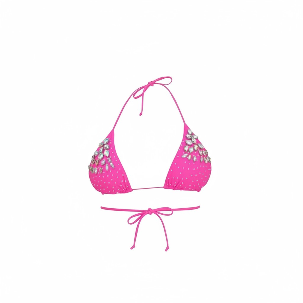 SlaySwimwear hot pink polka dot bikini set with rhinestone embellishments on triangle cups and cheeky bottoms. Adjustable ties.