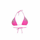 SlaySwimwear hot pink polka dot bikini set with rhinestone embellishments on triangle cups and cheeky bottoms. Adjustable ties.