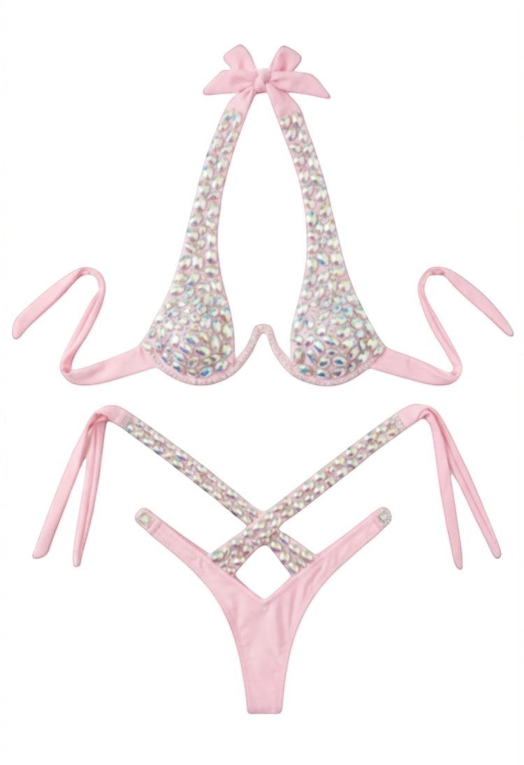 SlaySwimwear pink bikini set with sparkling rhinestones and adjustable ties. Halter top and cheeky bottoms with rhinestone accents.