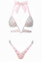 SlaySwimwear Barbie-pink rhinestone bikini set with push-up top and low-rise bottom, featuring a bow detail.