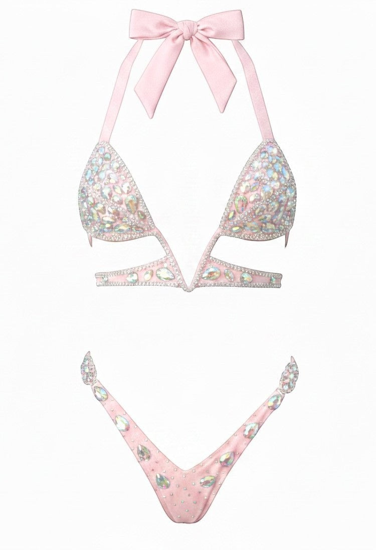 SlaySwimwear Barbie-pink rhinestone bikini set with push-up top and low-rise bottom, featuring a bow detail.