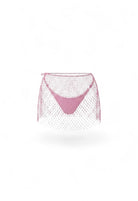 SlaySwimwear pink rhinestone halter bikini set with fishnet overlay and matching mini skirt.