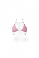 SlaySwimwear pink rhinestone halter bikini set with fishnet overlay and matching mini skirt.