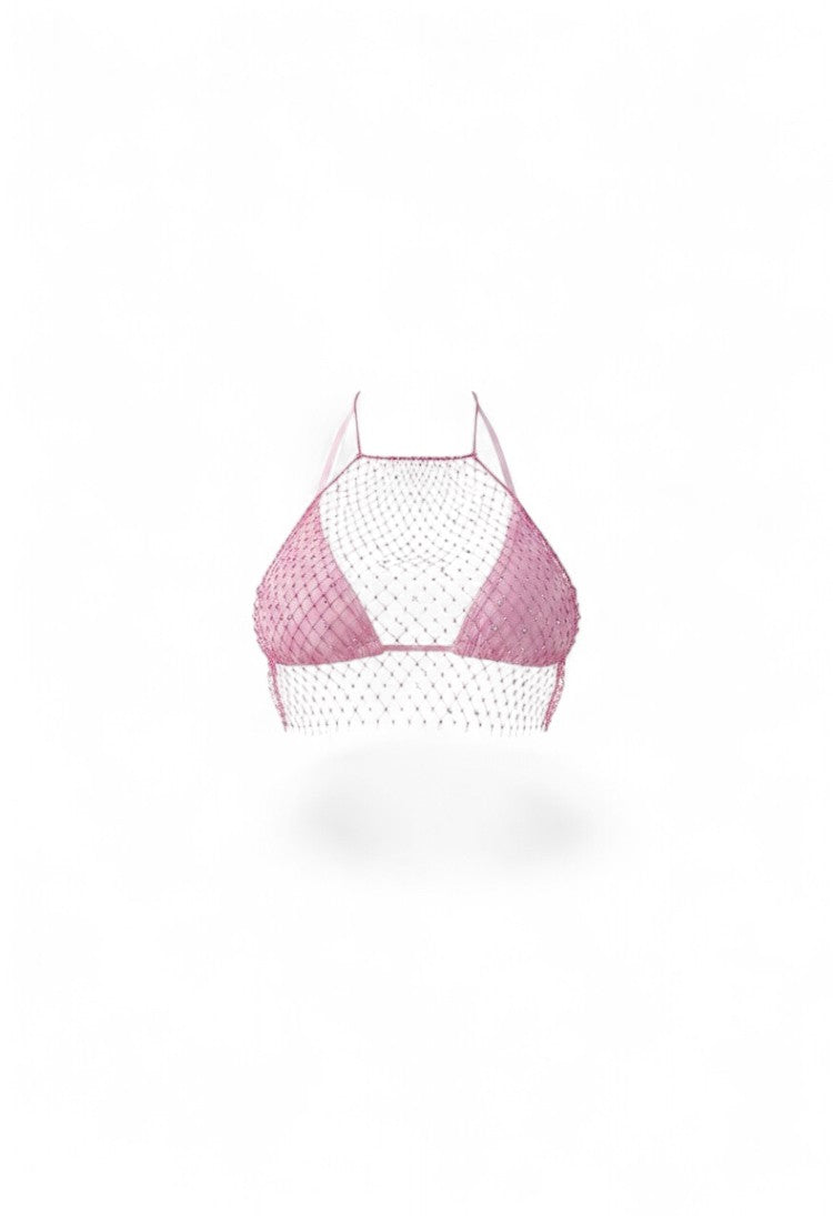 SlaySwimwear pink rhinestone halter bikini set with fishnet overlay and matching mini skirt.