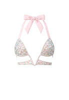 SlaySwimwear Barbie-pink bikini top with rhinestones and a pink bow tie-back. Push-up style, low-rise bottom.