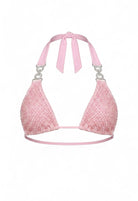 SlaySwimwear pink rhinestone mesh triangle bikini top with crystal hardware and tie straps.