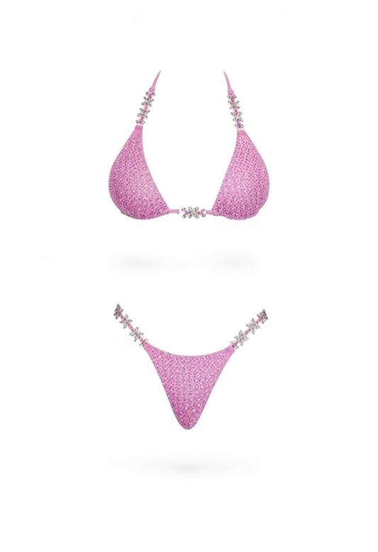 SlaySwimwear pink rhinestone bikini set with butterfly accents on straps and center.