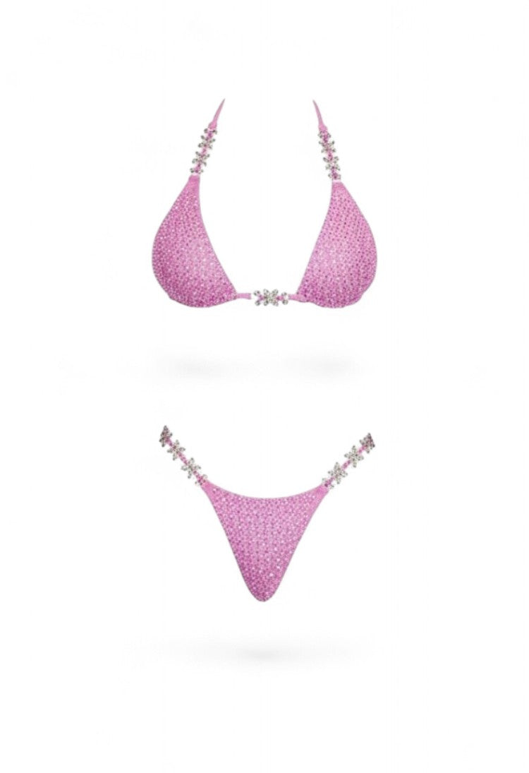 SlaySwimwear pink rhinestone bikini set with butterfly accents on straps and center.