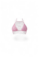 SlaySwimwear pink fishnet halter bikini top with rhinestone embellishments and a halter neck.