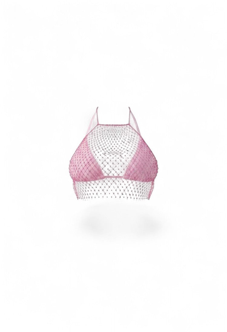 SlaySwimwear pink fishnet halter bikini top with rhinestone embellishments and a halter neck.
