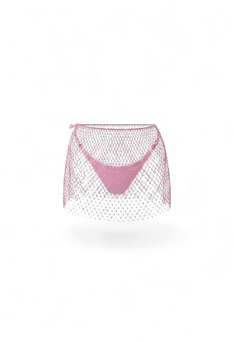 SlaySwimwear pink rhinestone-encrusted fishnet mini skirt with a matching glitter bikini bottom. Stretchy waistband.