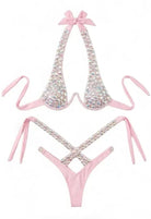 SlaySwimwear pink halter bikini set with sparkling embellishments and criss-cross detailing on bottom.