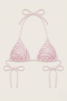 SlaySwimwear pink zebra print string bikini top with shimmering accents and adjustable ties.