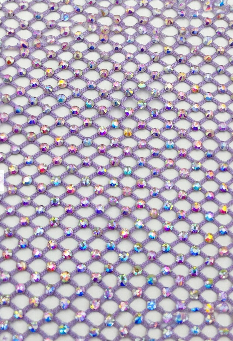 SlaySwimwear purple mesh durag adorned with iridescent crystals, featuring a diamond net pattern and customizable length.