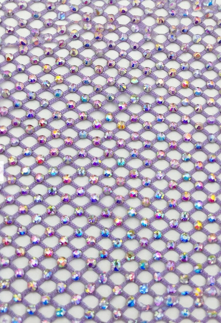 SlaySwimwear purple mesh durag adorned with iridescent crystals, featuring a diamond pattern and customizable length.