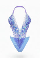 SlaySwimwear p jeweled one-piece swimsuit with adjustable halter neck and intricate rhinestone and pearl embellishments.urple