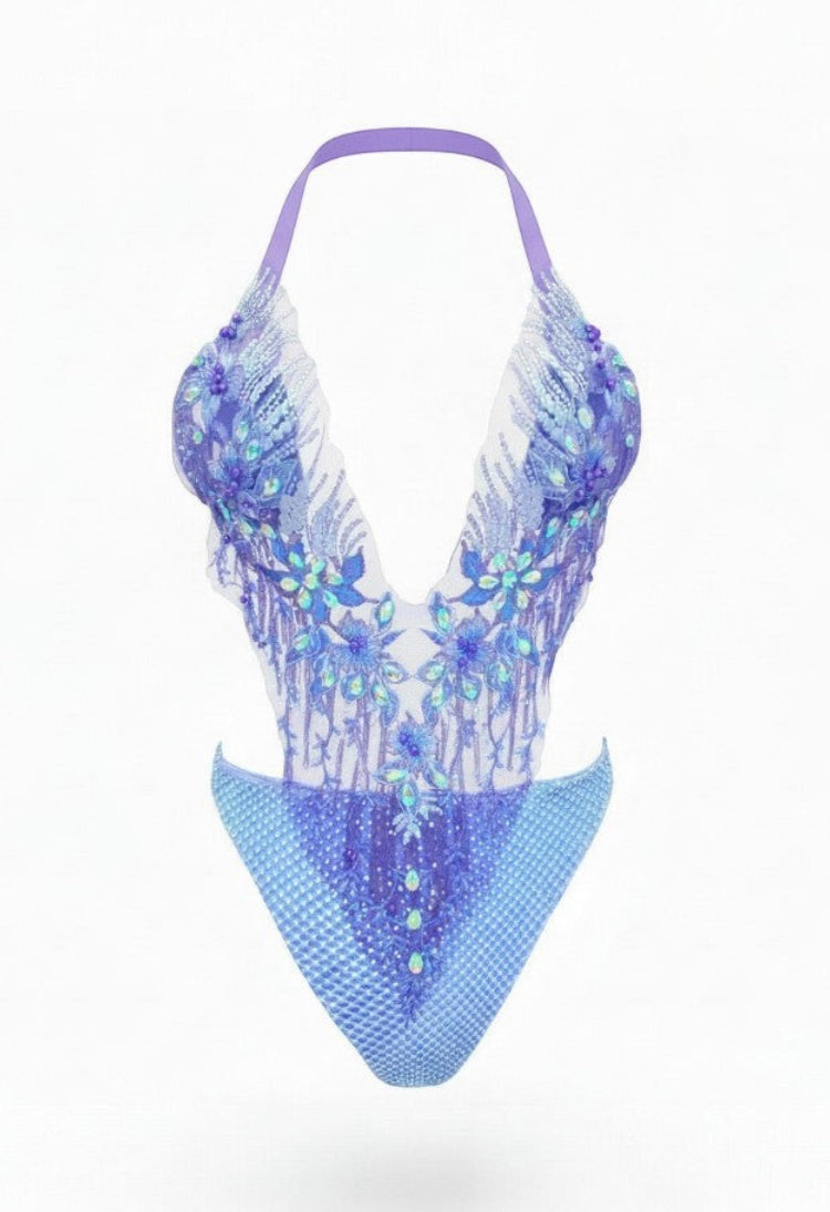 SlaySwimwear p jeweled one-piece swimsuit with adjustable halter neck and intricate rhinestone and pearl embellishments.urple
