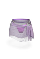SlaySwimwear purple rhinestone mini skirt with clasp closure, above-the-knee length, perfect for parties and events.