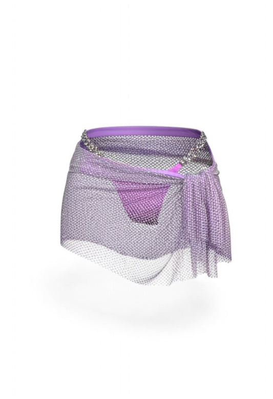 SlaySwimwear purple rhinestone mini skirt with clasp closure, above-the-knee length, perfect for parties and events.