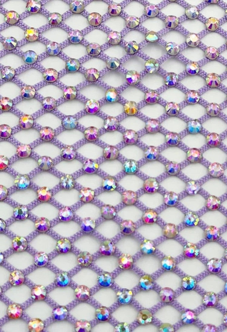 SlaySwimwear purple rhinestone mini skirt with clasp closure, above-the-knee length, perfect for parties and events.