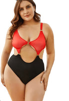 SlaySwimwear red and black color block one-piece swimsuit with cut-outs and metal ring details, made of nylon and spandex.