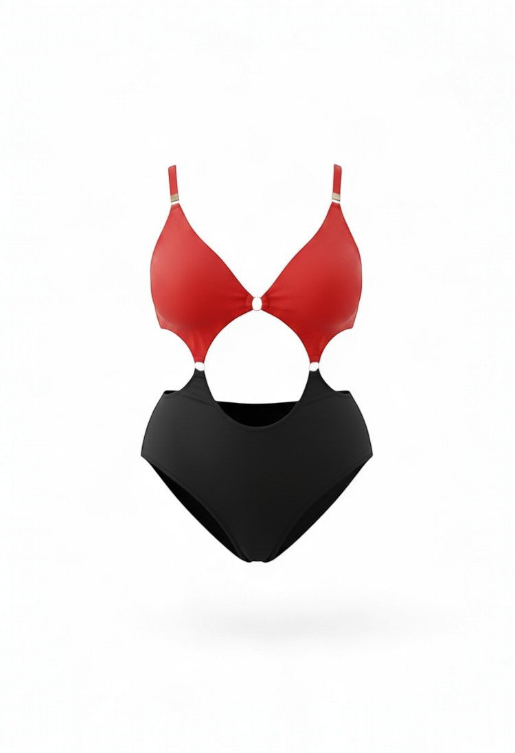 SlaySwimwear Queen Of Hearts red and black one-piece swimsuit with cut-outs and gold ring details. Made of 80% nylon and 20% spandex.